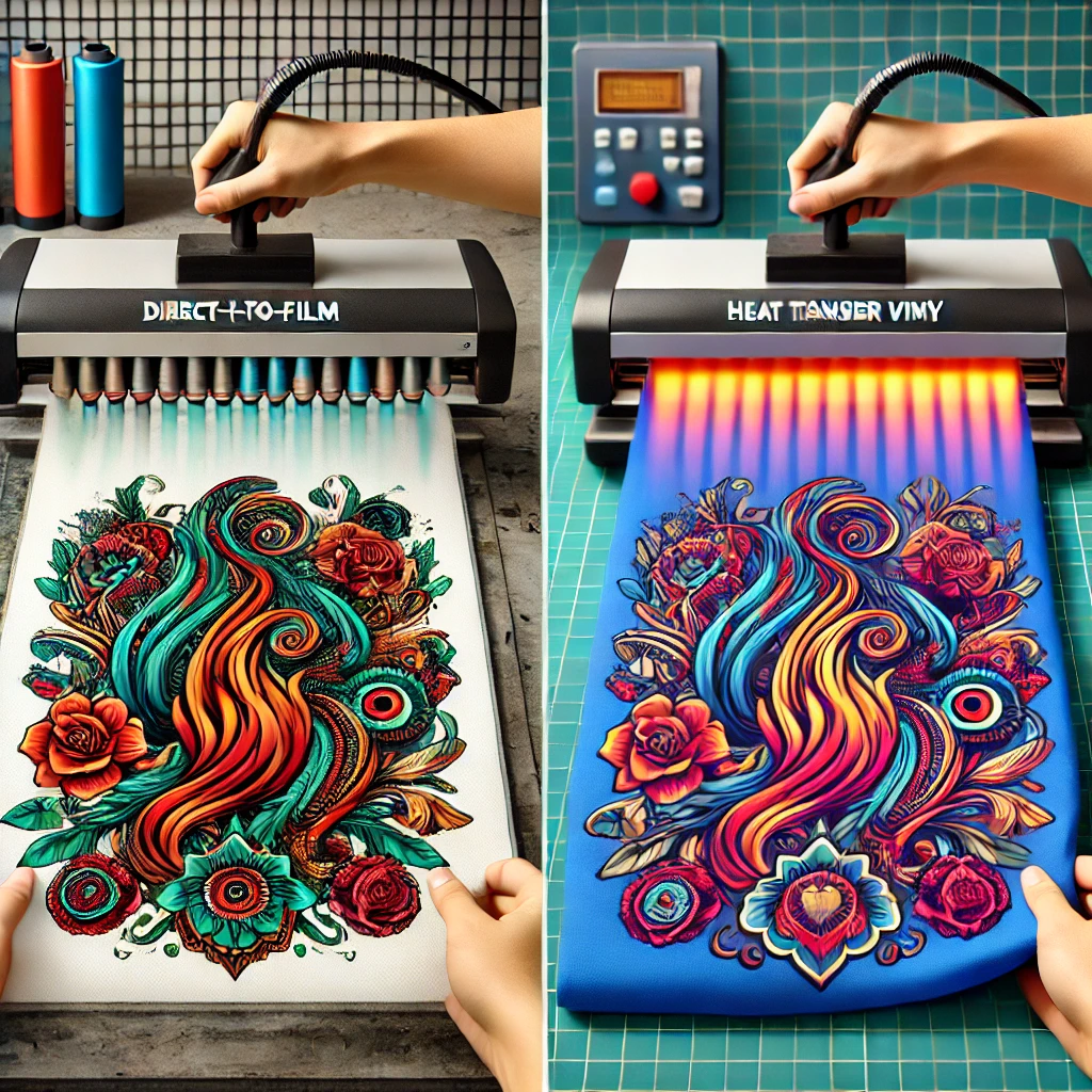 Comparison between Direct-to-Film (DTF) printing and Heat Transfer Vinyl (HTV) application, showing DTF transferring a detailed design to fabric and HTV applying a vinyl design using a heat press.