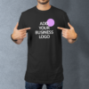 Black t-shirt mockup with "ADD YOUR BUSINESS LOGO" placeholder in the center.