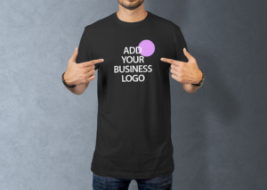 Black t-shirt mockup with "ADD YOUR BUSINESS LOGO" placeholder in the center.